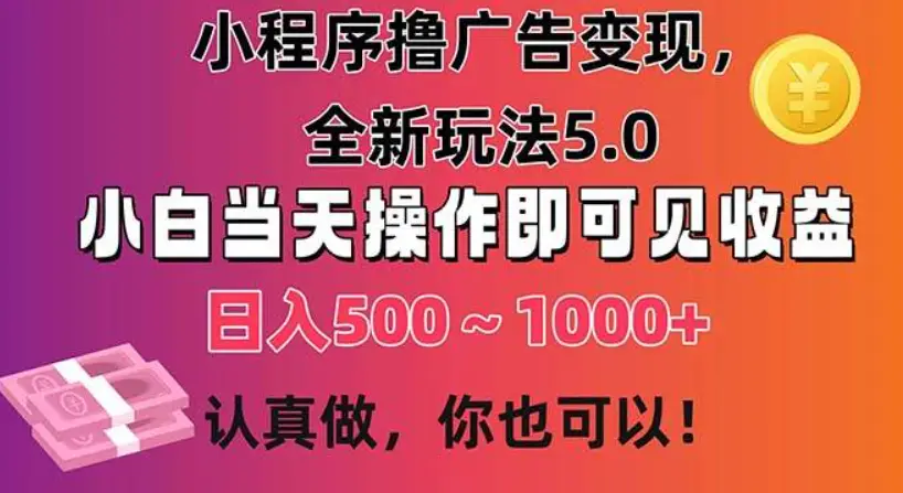 小程序撸广告变现，全新玩法5.0，小白当天操作即可上手，日收益 500~1000+-风口项目网_项目资源_网络赚钱副业分享_创业项目_兼职副业_中创网_抖音教程