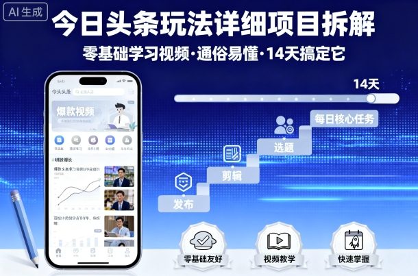 今日头条玩法详细项目拆解，零基础学习视频 通俗易懂 14天搞定它-风口项目网_项目资源_网络赚钱副业分享_创业项目_兼职副业_中创网_抖音教程