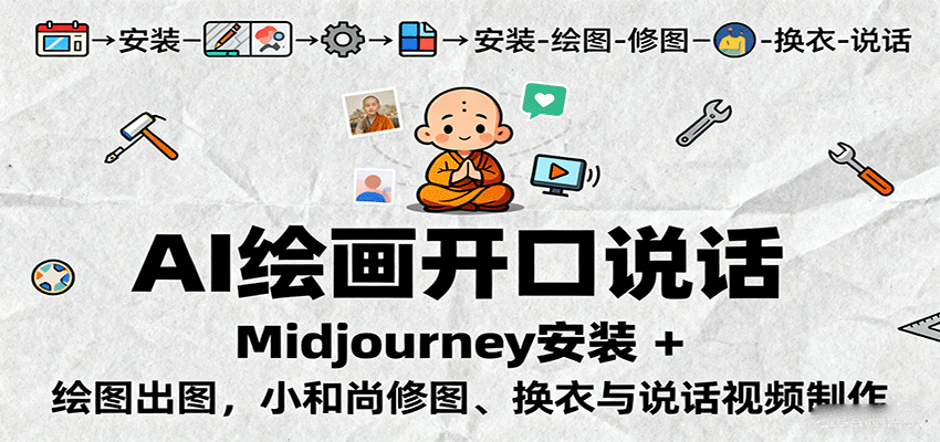 AI绘画开口说话，Midjourney安装 + 绘图出图，小和尚修图、换衣与说话视频制作-风口项目网_项目资源_网络赚钱副业分享_创业项目_兼职副业_中创网_抖音教程