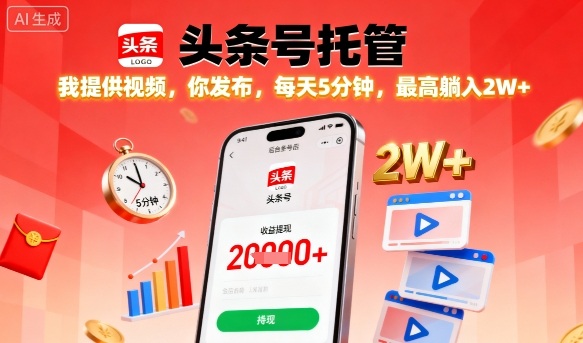 【头条号托管】我提供视频，你发布，每天5分钟，最高躺入2W+【揭秘】-风口项目网_项目资源_网络赚钱副业分享_创业项目_兼职副业_中创网_抖音教程