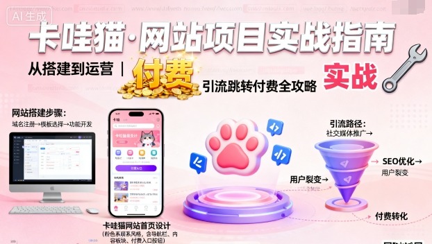 卡哇猫·网站项目，网站搭建与运营以及引流跳转付费-风口项目网_项目资源_网络赚钱副业分享_创业项目_兼职副业_中创网_抖音教程