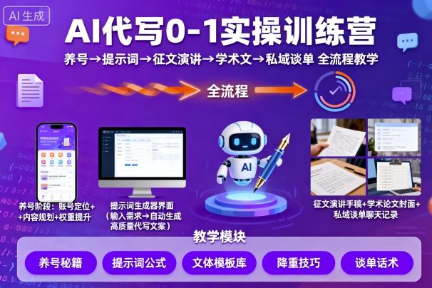 AI代写0-1实操训练营，从养号、提示词、征文演讲、学术文，到私域谈单的全流程教学-风口项目网_项目资源_网络赚钱副业分享_创业项目_兼职副业_中创网_抖音教程