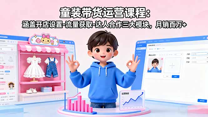 童装带货运营课程：涵盖开店设置-流量获取-达人合作三大模块，月销百万+-风口项目网_项目资源_网络赚钱副业分享_创业项目_兼职副业_中创网_抖音教程