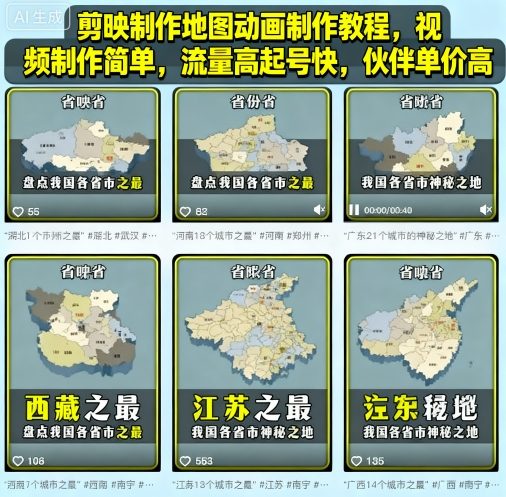 剪映制作地图动画制作教程，视频制作简单，流量高起号快，伙伴单价高-风口项目网_项目资源_网络赚钱副业分享_创业项目_兼职副业_中创网_抖音教程