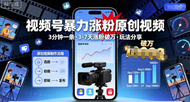 视频号暴力涨粉原创视频，3分钟一条原创视频，3-7天涨粉破万，玩法分享给你-风口项目网_项目资源_网络赚钱副业分享_创业项目_兼职副业_中创网_抖音教程