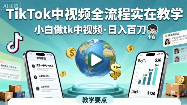 TikTok中视频全流程实操教学，小白做tk中视频，日入百刀-风口项目网_项目资源_网络赚钱副业分享_创业项目_兼职副业_中创网_抖音教程