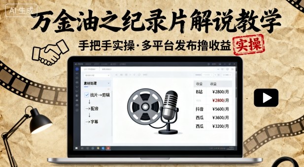 万金油之纪录片解说教学，手把手教你，完全实操，多平台发布撸收益-风口项目网_项目资源_网络赚钱副业分享_创业项目_兼职副业_中创网_抖音教程
