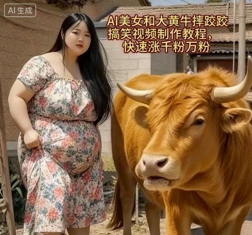 AI美女和大黄牛摔跤搞笑荒诞视频制作教程，快速涨千粉万粉-风口项目网_项目资源_网络赚钱副业分享_创业项目_兼职副业_中创网_抖音教程