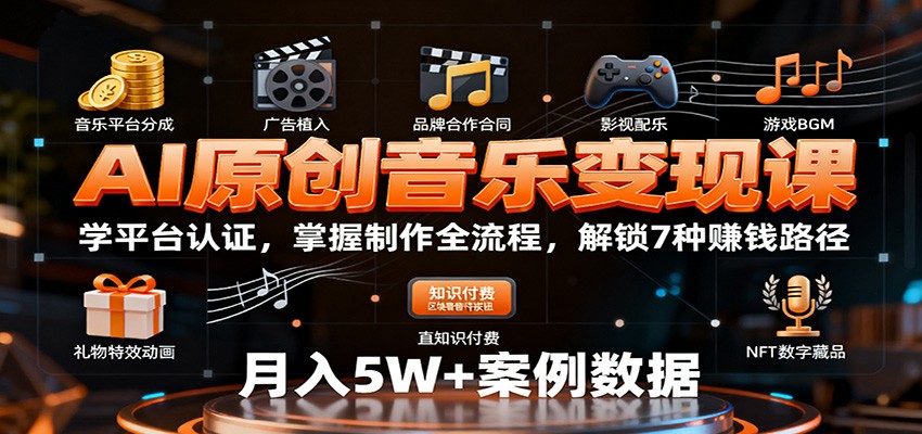 AI原创音乐变现课：学平台认证，掌握制作全流程，解锁7种赚钱路径-风口项目网_项目资源_网络赚钱副业分享_创业项目_兼职副业_中创网_抖音教程