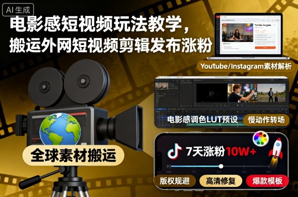 电影感短视频玩法教学，搬运外网短视频剪辑发布涨粉-风口项目网_项目资源_网络赚钱副业分享_创业项目_兼职副业_中创网_抖音教程