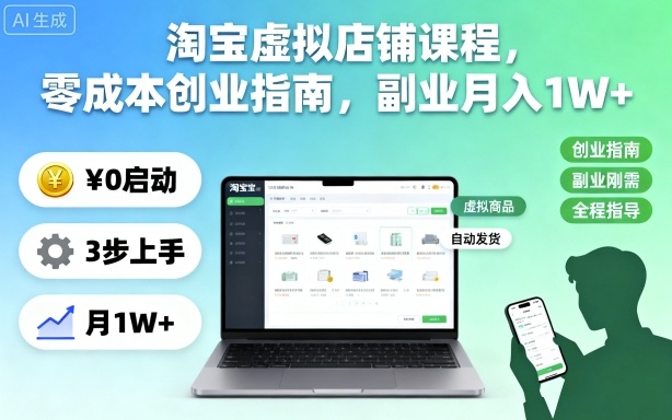 淘宝虚拟店铺课程，零成本创业指南，副业月入1W+-风口项目网_项目资源_网络赚钱副业分享_创业项目_兼职副业_中创网_抖音教程