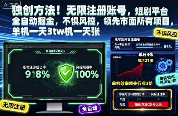 独创方法!无限注册账号,短剧平台全自动掘金,不惧风控,领先市面所有项目,单机一天3张【揭秘】-风口项目网_项目资源_网络赚钱副业分享_创业项目_兼职副业_中创网_抖音教程