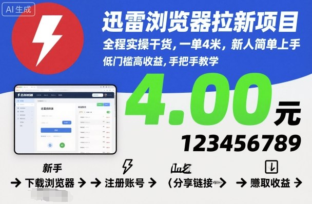 迅雷浏览器拉新项目，全程实操干货，一单4米，新人简单上手-风口项目网_项目资源_网络赚钱副业分享_创业项目_兼职副业_中创网_抖音教程