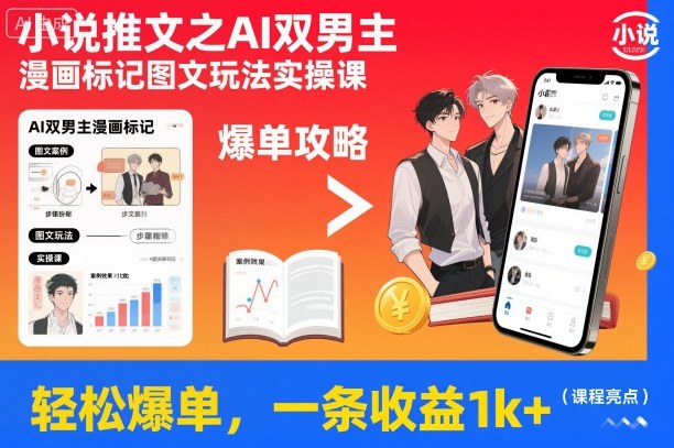 小说推文之AI双男主漫画标记图文玩法实操课，轻松爆单，一条收益1k+-风口项目网_项目资源_网络赚钱副业分享_创业项目_兼职副业_中创网_抖音教程