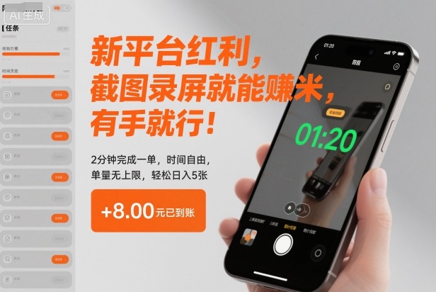 新平台红利，截图录屏就能賺米，有手就行！2分钟完成一单，时间自由，单量无上限，轻松日入5张【揭秘】-风口项目网_项目资源_网络赚钱副业分享_创业项目_兼职副业_中创网_抖音教程