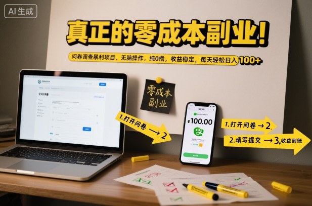 真正的零成本副业！问卷调查暴利项目，无脑操作，纯0撸，收益稳定，每天轻松日入100+【揭秘】-风口项目网_项目资源_网络赚钱副业分享_创业项目_兼职副业_中创网_抖音教程