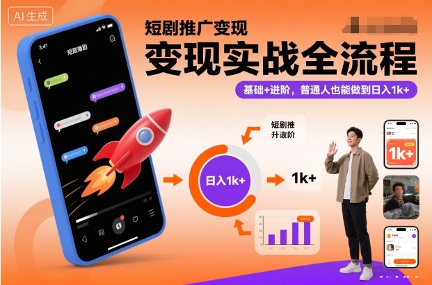 短剧推广变现实战全流程,基础+进阶,普通人也能做到日入1k+-风口项目网_项目资源_网络赚钱副业分享_创业项目_兼职副业_中创网_抖音教程