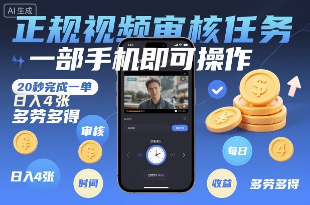 正规视频审核任务，一部手机即可操作，20秒完成一单，日入4张，多劳多得【揭秘】-风口项目网_项目资源_网络赚钱副业分享_创业项目_兼职副业_中创网_抖音教程