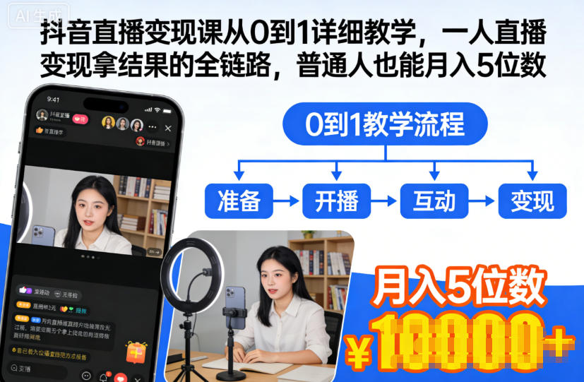 抖音直播变现课从0到1详细教学，一人直播变现拿结果的全链路，普通人也能月入5位数-风口项目网_项目资源_网络赚钱副业分享_创业项目_兼职副业_中创网_抖音教程