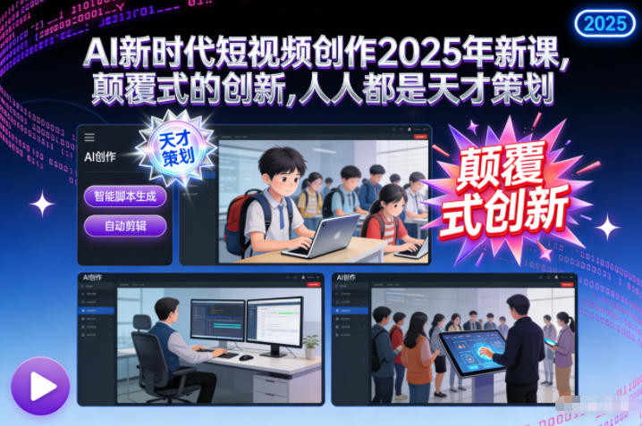 AI新时代短视频创作2025年新课，​颠覆式的创新，人人都是天才策划-风口项目网_项目资源_网络赚钱副业分享_创业项目_兼职副业_中创网_抖音教程
