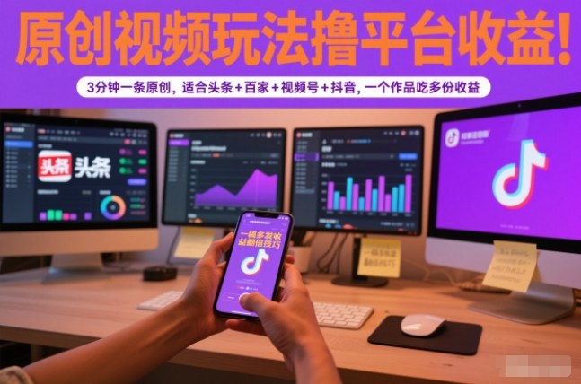 原创视频玩法撸平台收益，3分钟一条原创，适合头条+百家+视频号+抖音，一个作品吃多份收益-风口项目网_项目资源_网络赚钱副业分享_创业项目_兼职副业_中创网_抖音教程