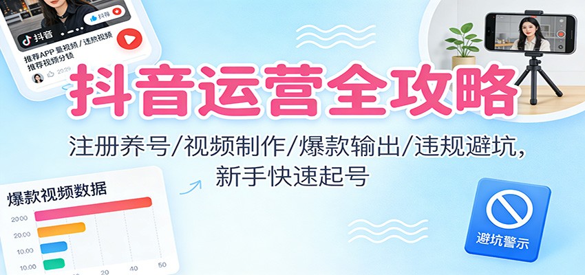 抖音运营全攻略：注册养号/视频制作/爆款输出/违规避坑，新手快速起号-风口项目网_项目资源_网络赚钱副业分享_创业项目_兼职副业_中创网_抖音教程