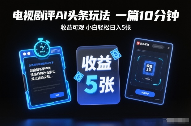电视剧评AI头条玩法，一篇10分钟，收益可观，小白轻松日入5张+【独家】-风口项目网_项目资源_网络赚钱副业分享_创业项目_兼职副业_中创网_抖音教程